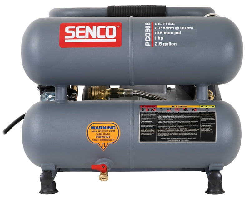 Senco PC0968 Air Compressor, Electric, 2.5 gal Tank, 1 hp, 115 V, 135 psi Pressure, 2.2 scfm Air