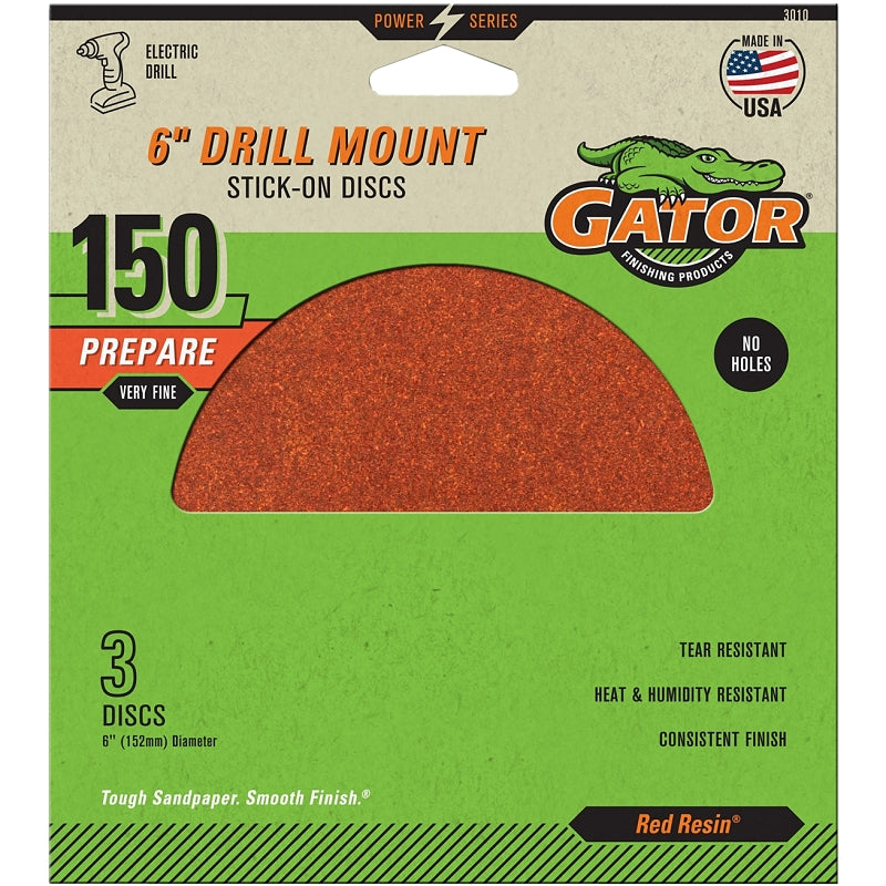 Gator 3010 Sanding Disc, 6 in Dia, 150 Grit, Fine, Aluminum Oxide Abrasive, Paper Backing, 3/PK