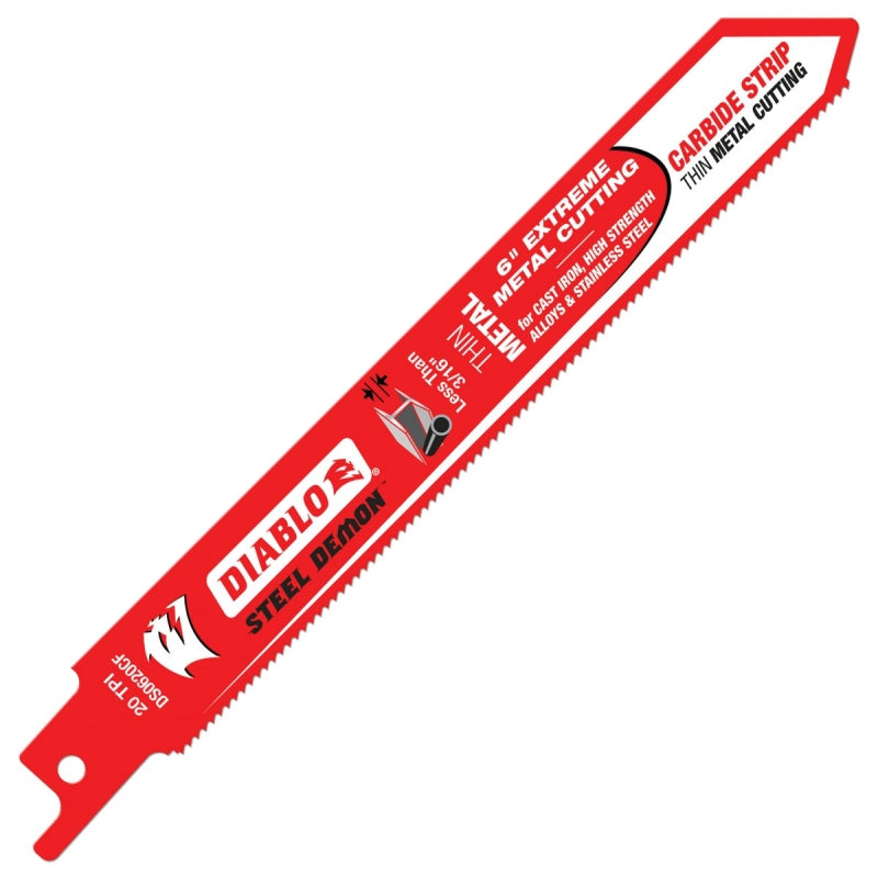 Diablo Steel Demon DS0620CF Reciprocating Saw Blade, 1 in W, 6 in L, 20 TPI, Carbide Cutting Edge