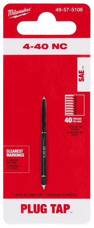 Milwaukee 49-57-5108 Straight Flute Tap, #4-40 Thread, NC Thread, 3/4 in L Thread, Plug Chamfer, 4-Flute, HCS