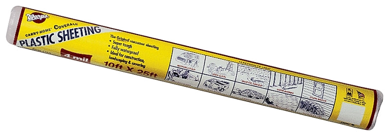 Warp's 12-4CH10 Polyethylene Sheeting, 25 ft L, 10 ft W, 4 mil Thick, Polyethylene Backing, Clear, Pack of 12