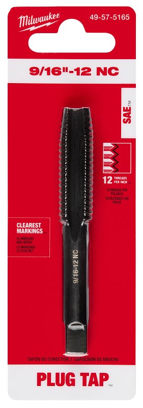 Milwaukee 49-57-5165 Straight Flute Plug Tap, 9/16-12 Thread, NC Thread, 1-3/4 in L Thread, 4-Flute, HCS