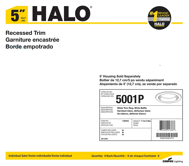 Halo 5001P Baffle Trim, 5 in Dia, 6-1/8 in OAH, Metal Body, White