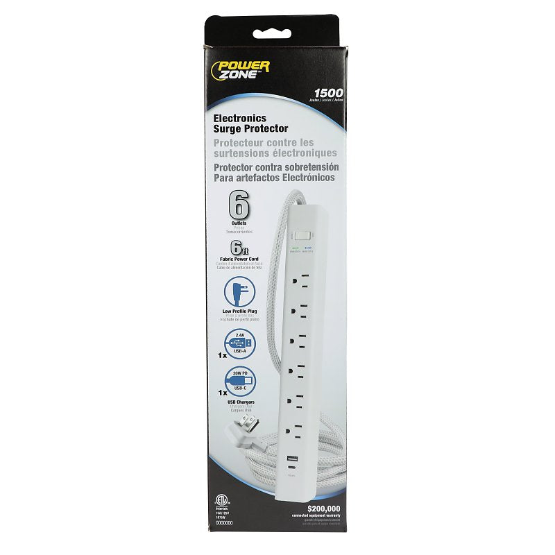 Powerzone ORPBSUFC406 Surge Protector Power Strip, 4 ft L Cable, 6-Socket, 2-USB Port, 15 A, 125 V, White