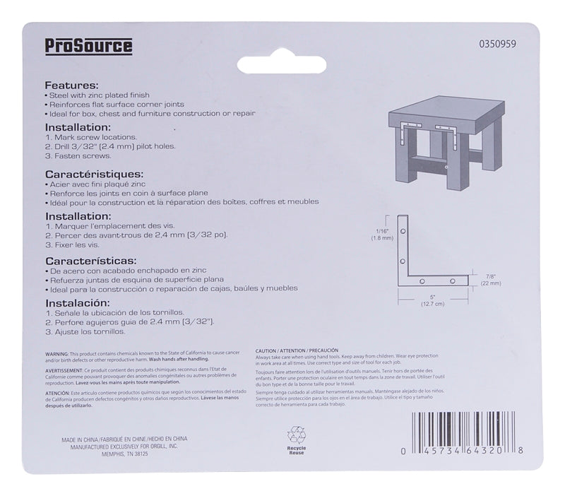 ProSource FC-Z05-C4PS Corner Brace, 5 in L, 5 in W, 7/8 in H, Steel, Zinc-Plated, 1.8 mm Thick Material