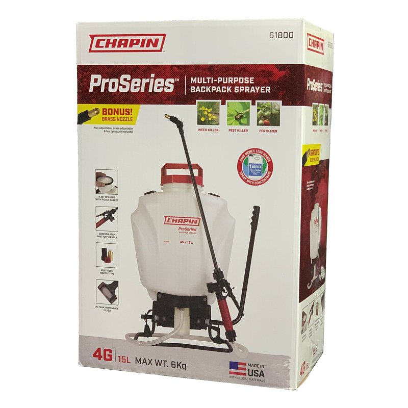 Chapin 61800 Backpack Sprayer, 4 gal Tank, Poly Tank, 25 ft Horizontal, 23 ft Vertical Spray Range, 48 in L Hose