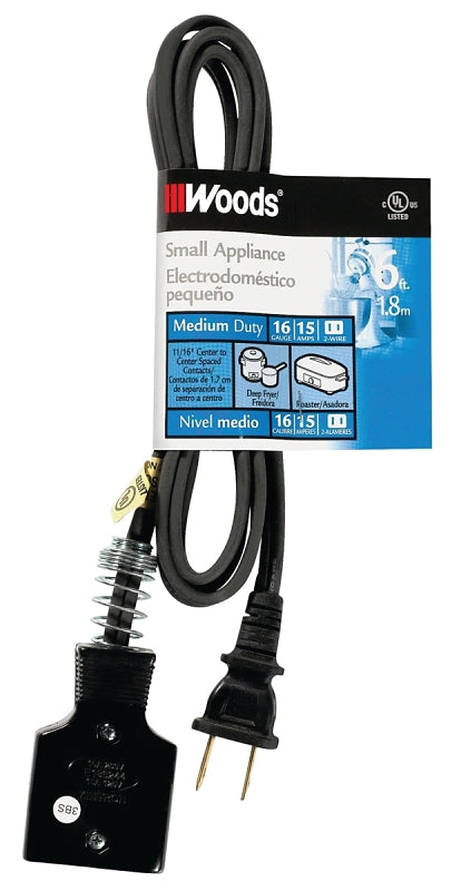 Southwire 0290 Extension Cord, 16 AWG Cable, 6 ft L, 15 A, 125 V, Black