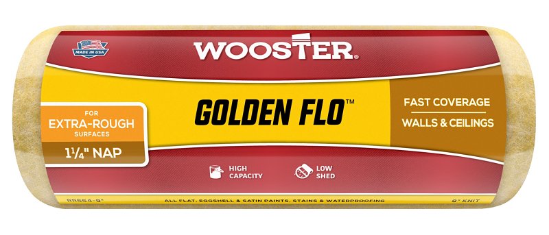 Wooster Golden Flo RR664-9 Roller Cover, 1-1/4 in Thick Nap, 9 in L, Fabric Cover, Yellow