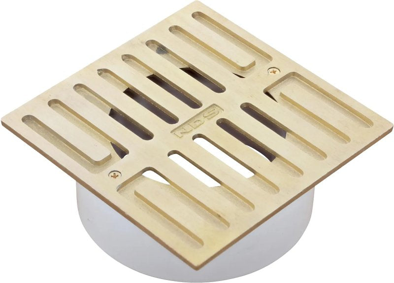 NDS 913B Grate with Collar, 4-3/4 in L, 4-3/4 in W, Square, 3/8 in Grate Opening, Brass/PVC, Satin Brass, ADA Compliant