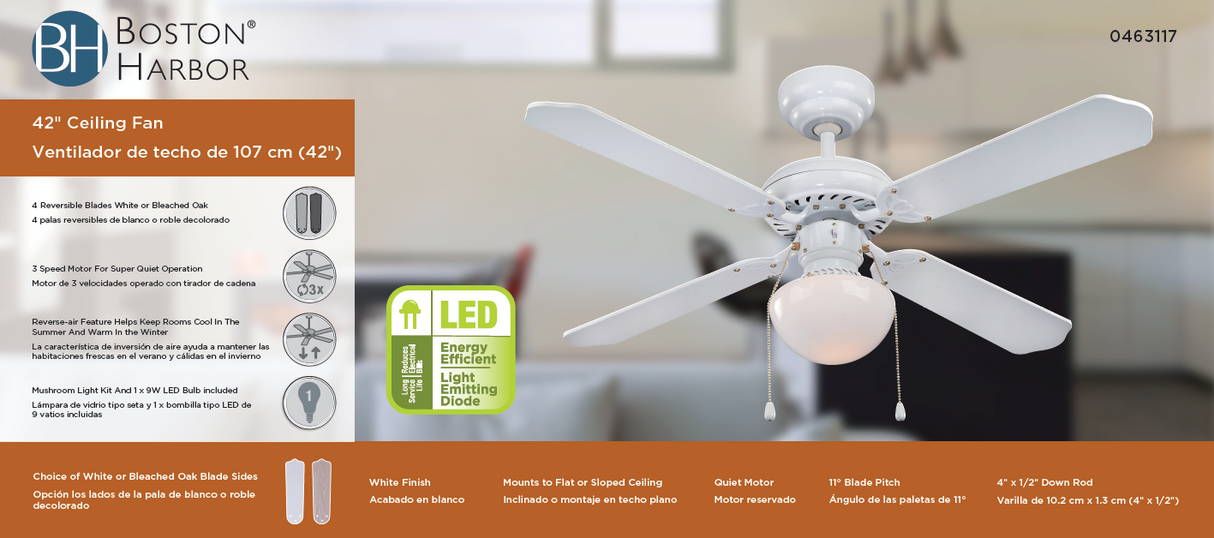 Boston Harbor CF-78133 Ceiling Fan, 4-Blade, White Housing, 42 in Sweep, MDF Blade, 3-Speed