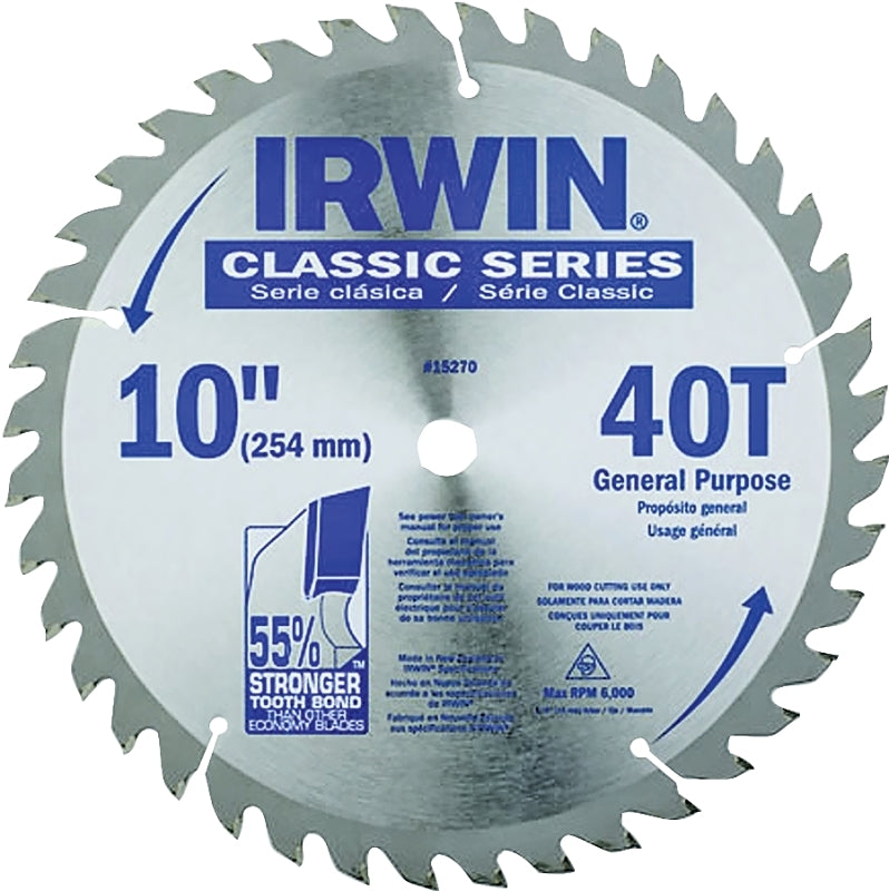 Irwin 15270 Circular Saw Blade, 0.06 in Dia, 5/8 in Arbor, 40-Teeth, Carbide Cutting Edge, Applicable Materials: Wood