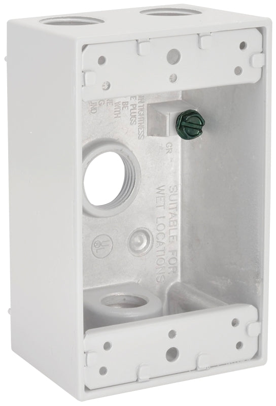 Bell Outdoor 5321-1 Weatherproof Box, 2-13/16 in W, 4-9/16 in D, 2-9/64 in H, 4-Knockout, NEMA 3R, Aluminum, White
