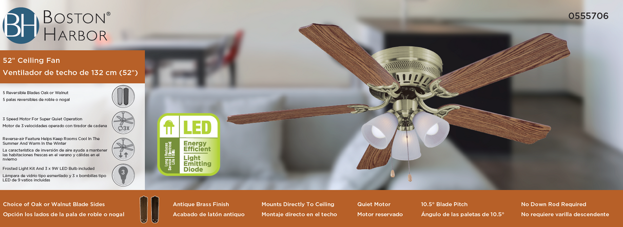 Boston Harbor CF-78049L Ceiling Fan Light Kit, 5-Blade, Brushed Nickel Housing, 52 in Sweep, MDF Blade, 3-Speed