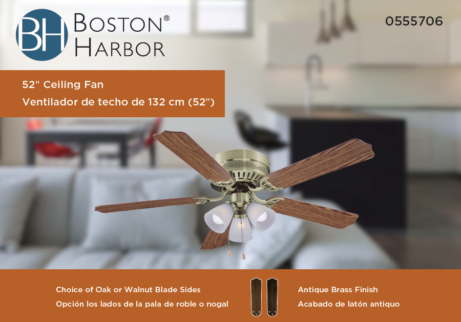 Boston Harbor CF-78049L Ceiling Fan Light Kit, 5-Blade, Brushed Nickel Housing, 52 in Sweep, MDF Blade, 3-Speed