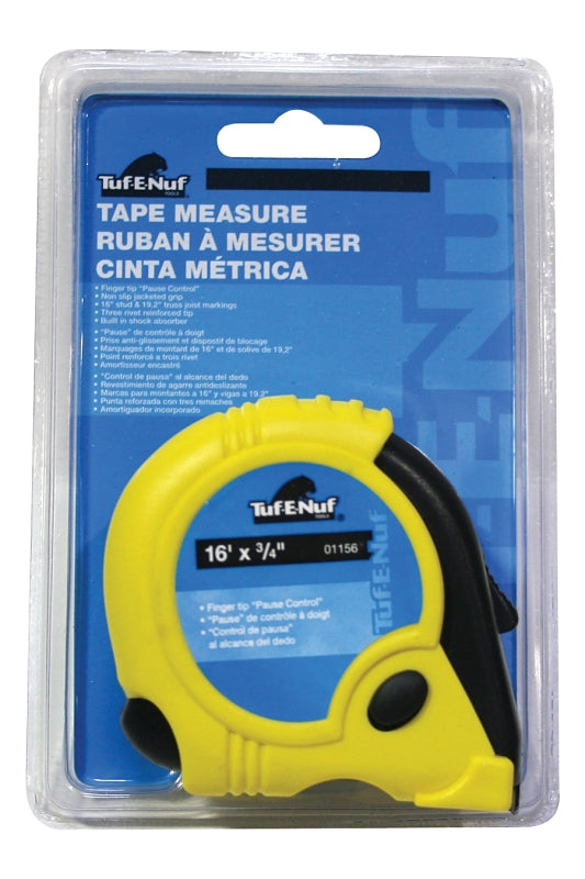 Tuf-E-Nuf 01156 Tape Measure, 16 ft L Blade, 3/4 in W Blade, Rubber Case