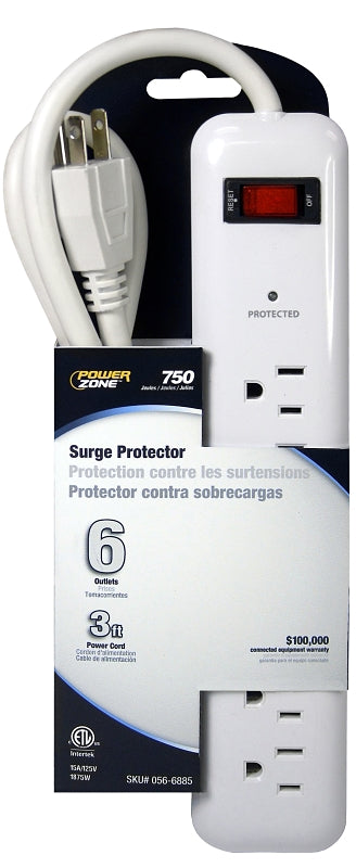 PowerZone OR802124 Surge Protector, 125 V, 15 A, 6-Outlet, 750 J Energy, White