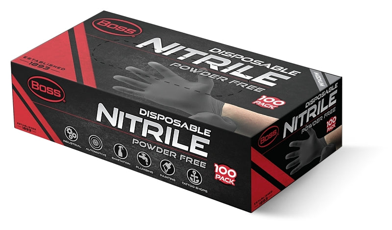 Boss B21051-M Disposable Gloves, M, Nitrile, Powder-Free, Black