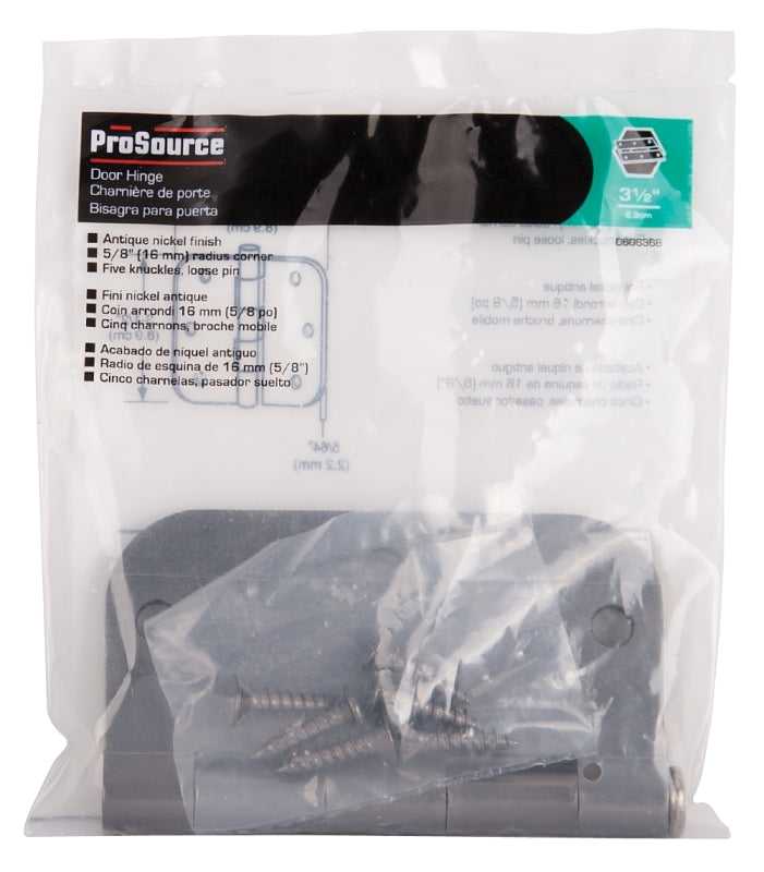 ProSource 20347ANX Door Hinge, 3-1/2 in H Door Leaf, 3-1/2 in W Door Leaf, 2.2 mm Thick Door Leaf, 3-1/2 x 3-1/2 in