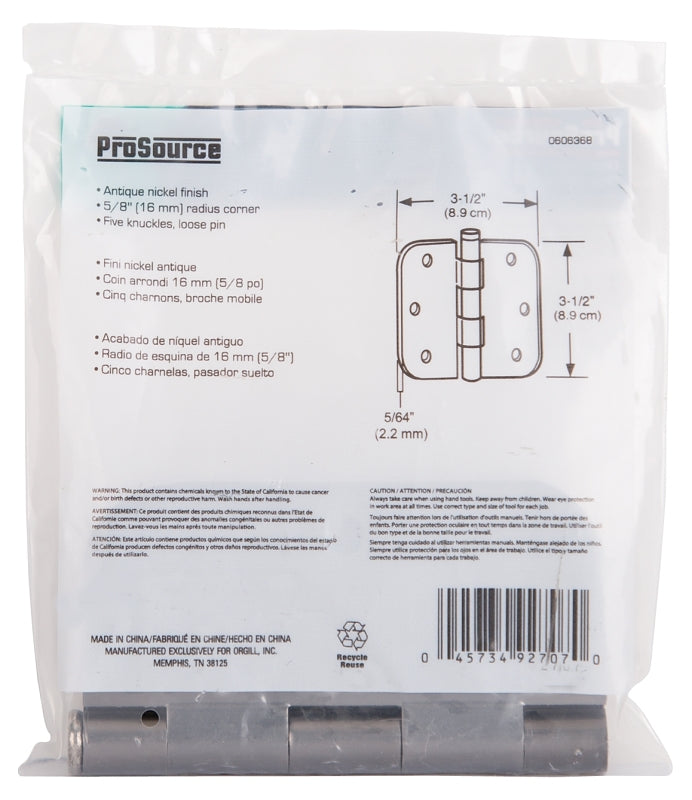 ProSource 20347ANX Door Hinge, 3-1/2 in H Door Leaf, 3-1/2 in W Door Leaf, 2.2 mm Thick Door Leaf, 3-1/2 x 3-1/2 in
