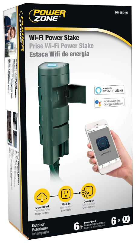 PowerZone ORWFICDTSTK6 Power Stake, 1-Pole, 125 V, Grounded Socket, Wi-Fi, Green