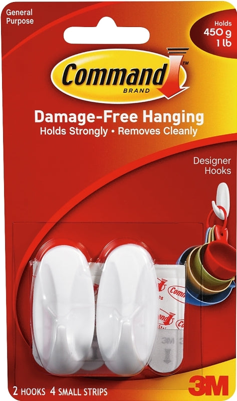 Command 17082 Designer Hook, 1/4 in Opening, 1 lb, 2 -Hook, Plastic, White, Pack of 6