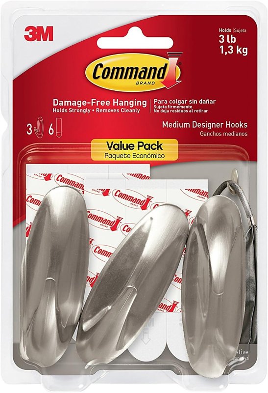 Command 17081BN-3ES Medium Designer Hook, 3 lb, 3-Hook, Plastic, Brushed Nickel