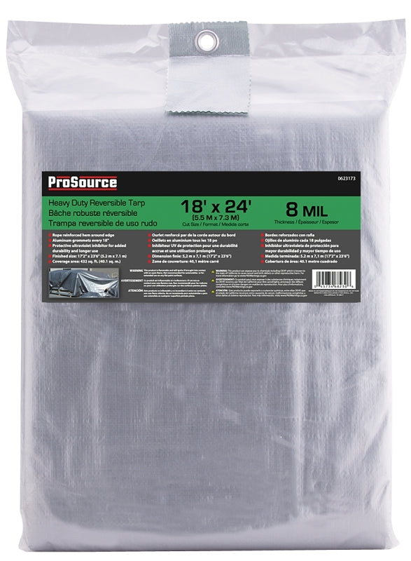 ProSource T1824GS140 Heavy-Duty Tarp, 24 ft L, 18 ft W, 8 mil Thick, Polyethylene, Green/Silver