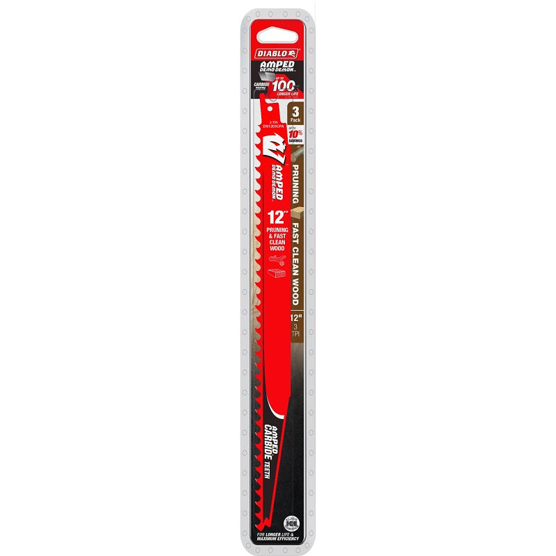 Diablo AMPED Demo Demon DS1203CPA3 Reciprocating Saw Blade, 12 in L, 3 TPI, Carbide Cutting Edge