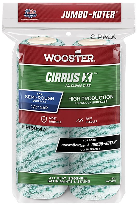 Wooster CIRRUS X Series HR160-4 1/2 Roller Cover, 1/2 in Thick Nap, 4-1/2 in L, European Polyamide Fabric/Woven Cover