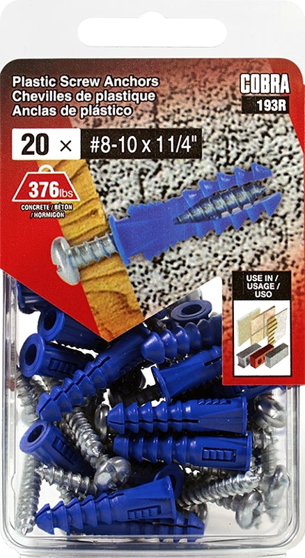 Cobra Anchors 193R Screw Anchor, #8-10 Thread, 1-1/4 in L, Polyethylene, 175 lb, 20/PK