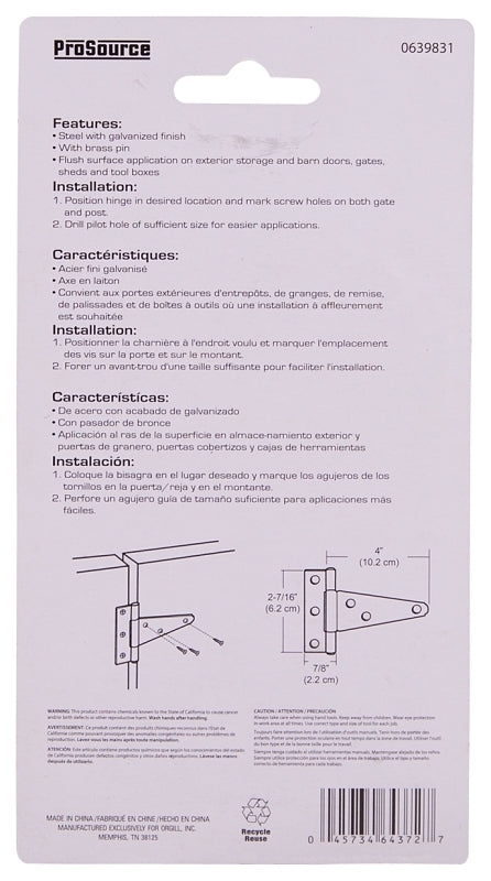 ProSource LTH-G04-C2PS T-Hinge, Galvanized Steel, Galvanized Brass Pin, Fixed Pin, 180 deg Range of Motion, 26 (Pair) lb