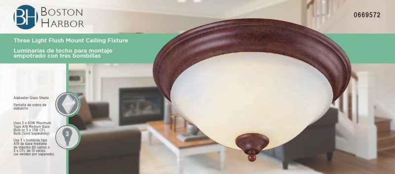 Boston Harbor BRT-ATE1013-RB Three Light Flush Mount Ceiling Fixture, 120 V, 60 W, 3-Lamp, A19 or CFL Lamp