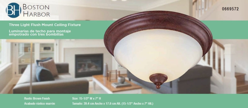 Boston Harbor BRT-ATE1013-RB Three Light Flush Mount Ceiling Fixture, 120 V, 60 W, 3-Lamp, A19 or CFL Lamp