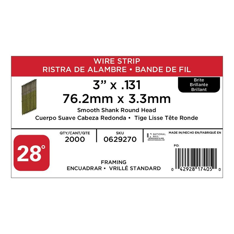 ProFIT 0629270 Framing Nail, 3 in L, 11 ga, Brite, Offset Round Head, Smooth Shank