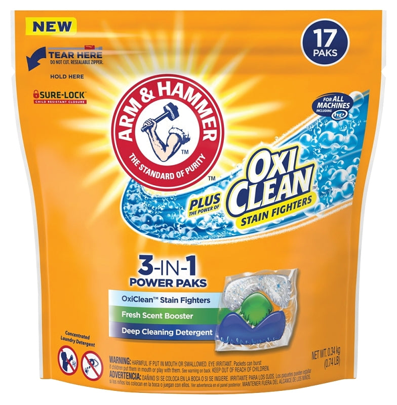 Arm & Hammer Plus OxiClean 00250 5-in-1 Laundry Detergent Power Pak, 14 CT Pack, Liquid, Fresh, Pack of 4