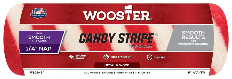 Wooster Candy Stripe R209-9 Roller Cover, 1/4 in Thick Nap, 9 in L, Mohair Cover