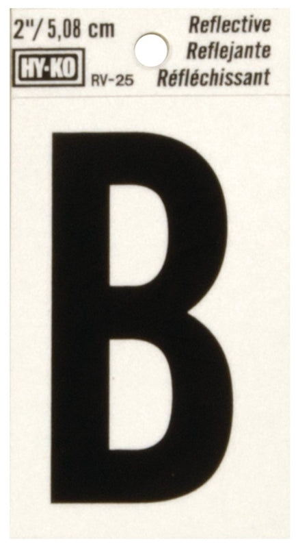 Hy-Ko RV-25 Series RV-25/B Self-Adhesive Reflective Letter, Character: B, 2 in H Character, Black Character, Vinyl, Pack of 10