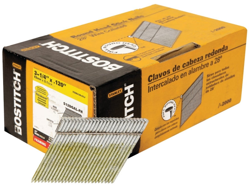 Bostitch S12DGAL-FH Framing Nail, Wire Collation, 3-1/4 in L, Steel, Coated, Round Head, 2000/PK