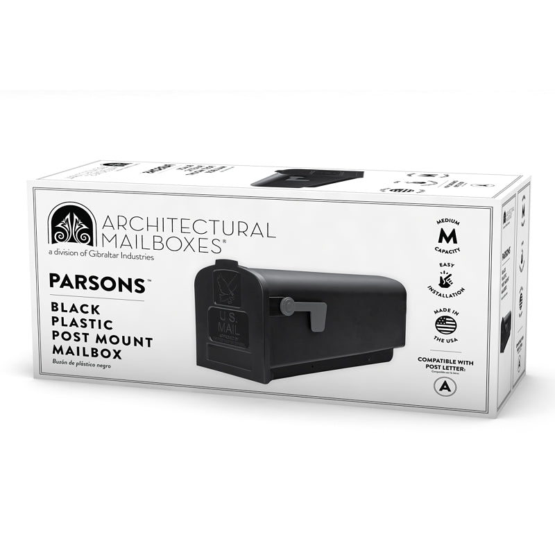 Gibraltar Mailboxes Parson Series PL10B0201 Rural Mailbox, 875 cu-in, Plastic, 7.9 in W, 19.4 in D, 9.6 in H, Black