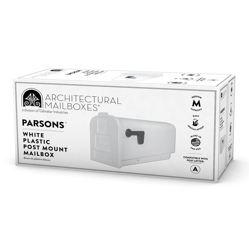 Gibraltar Mailboxes Parson PL10W0201 Series Rural Mailbox, White, 875 cu-in Capacity, Plastic, 7.9 in W, 19.4 in D