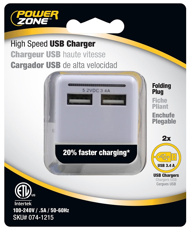PowerZone ORUSB340 AC Compact USB Charger with Light, 3.4 A, 2-USB Port, White