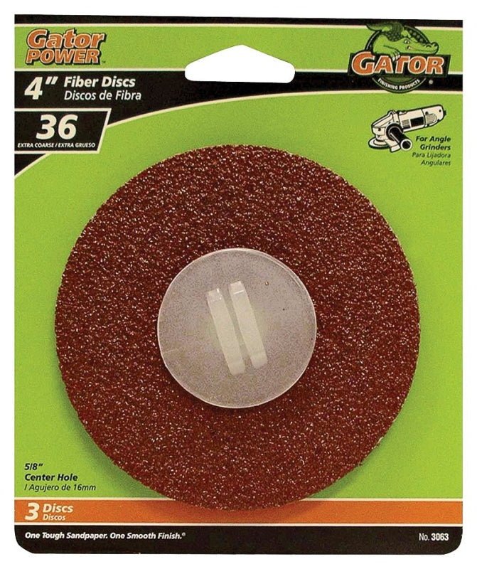 Gator 3063 Fiber Disc, 4 in Dia, 36 Grit, Extra Coarse, Aluminum Oxide Abrasive, Fiber Backing, 3/PK