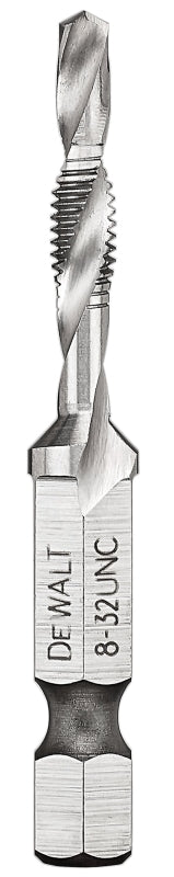 DEWALT IMPACT READY DWADTQTR832 Tap and Drill Bit, 8 mm Dia, #8-32 Thread, UNC Thread, 3-Flute, Spiral Flute, HSS