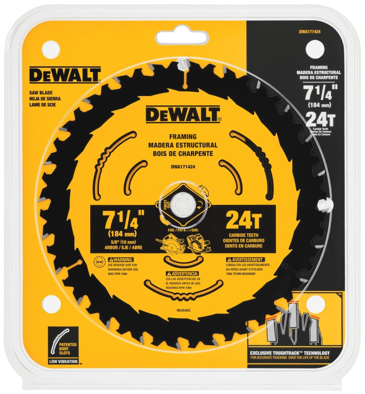 DEWALT DWA271424B10 Circular Saw Blade, 7-1/4 in Dia, 5/8 in Arbor, 24-Teeth, Carbide Cutting Edge, Pack of 10