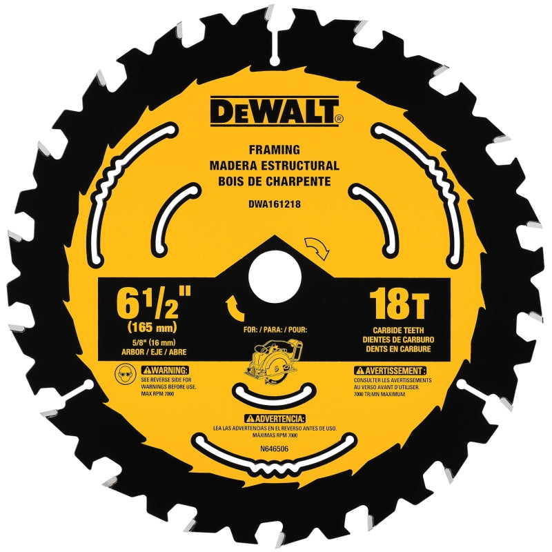 DEWALT DWA161218 Circular Saw Blade, 6-1/2 in Dia, 5/8 in Arbor, 18-Teeth, Tungsten Carbide Cutting Edge