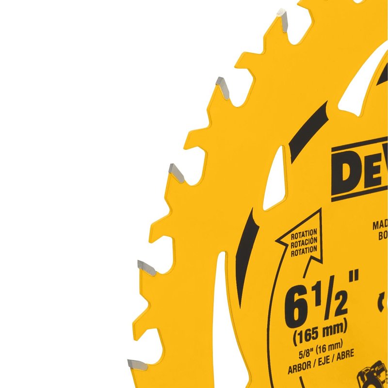 DEWALT DWA161224 Circular Saw Blade, 6-1/2 in Dia, 5/8 in Arbor, 24-Teeth, Tungsten Carbide Cutting Edge