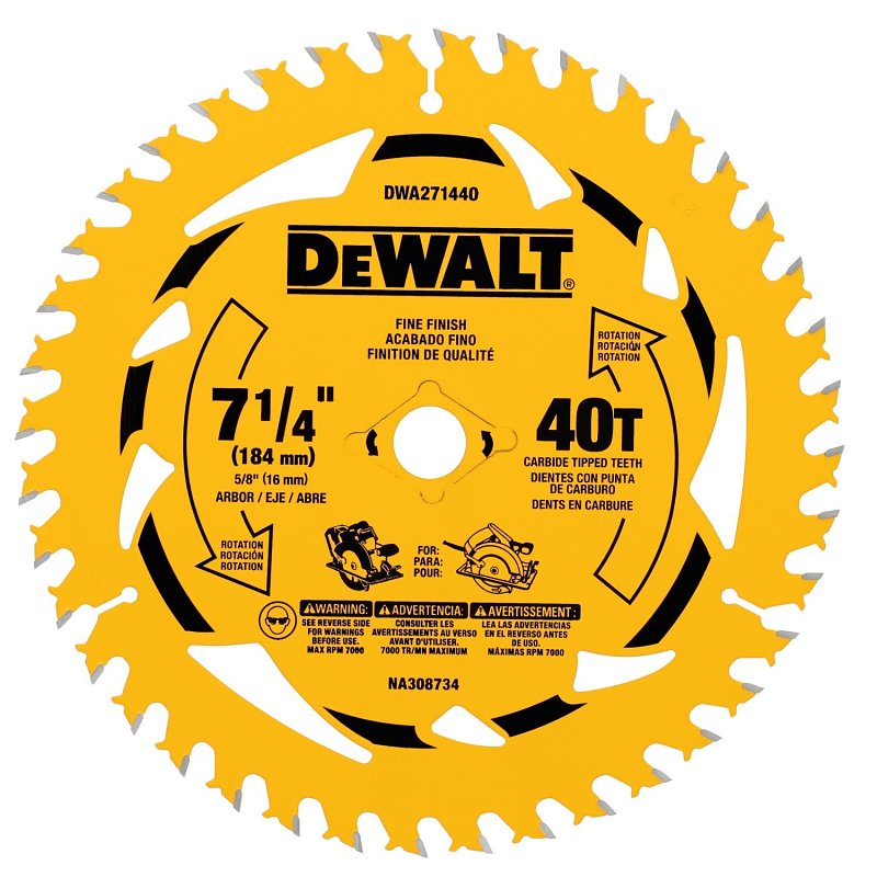 DEWALT DWA171440B10 Circular Saw Blade, 7-1/4 in Dia, 5/8 in Arbor, 40-Teeth, Tungsten Carbide Cutting Edge, Pack of 10