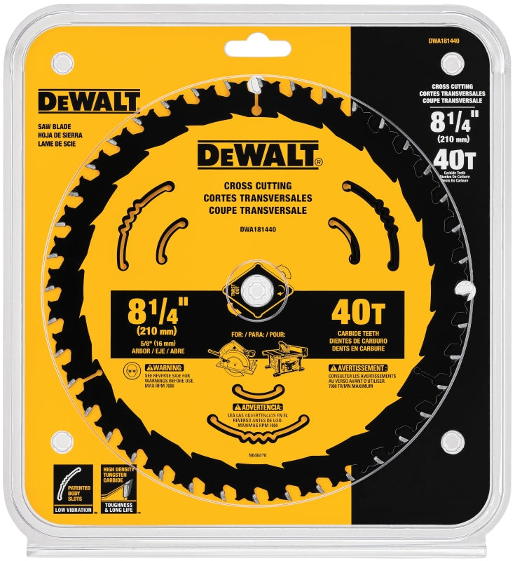 DEWALT DWA181440 Circular Saw Blade, 8-1/4 in Dia, 5/8 in Arbor, 40-Teeth, Tungsten Carbide Cutting Edge