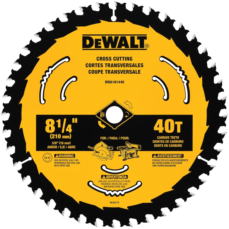DEWALT DWA181440 Circular Saw Blade, 8-1/4 in Dia, 5/8 in Arbor, 40-Teeth, Tungsten Carbide Cutting Edge