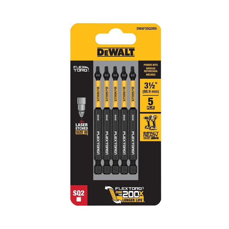 DEWALT FlexTorq DWAF3SQ2IR5 Impact Screwdriver Bit, #2 Drive, Square Drive, 1/4 in Shank, Hex Shank, 3-1/2 in L, Steel